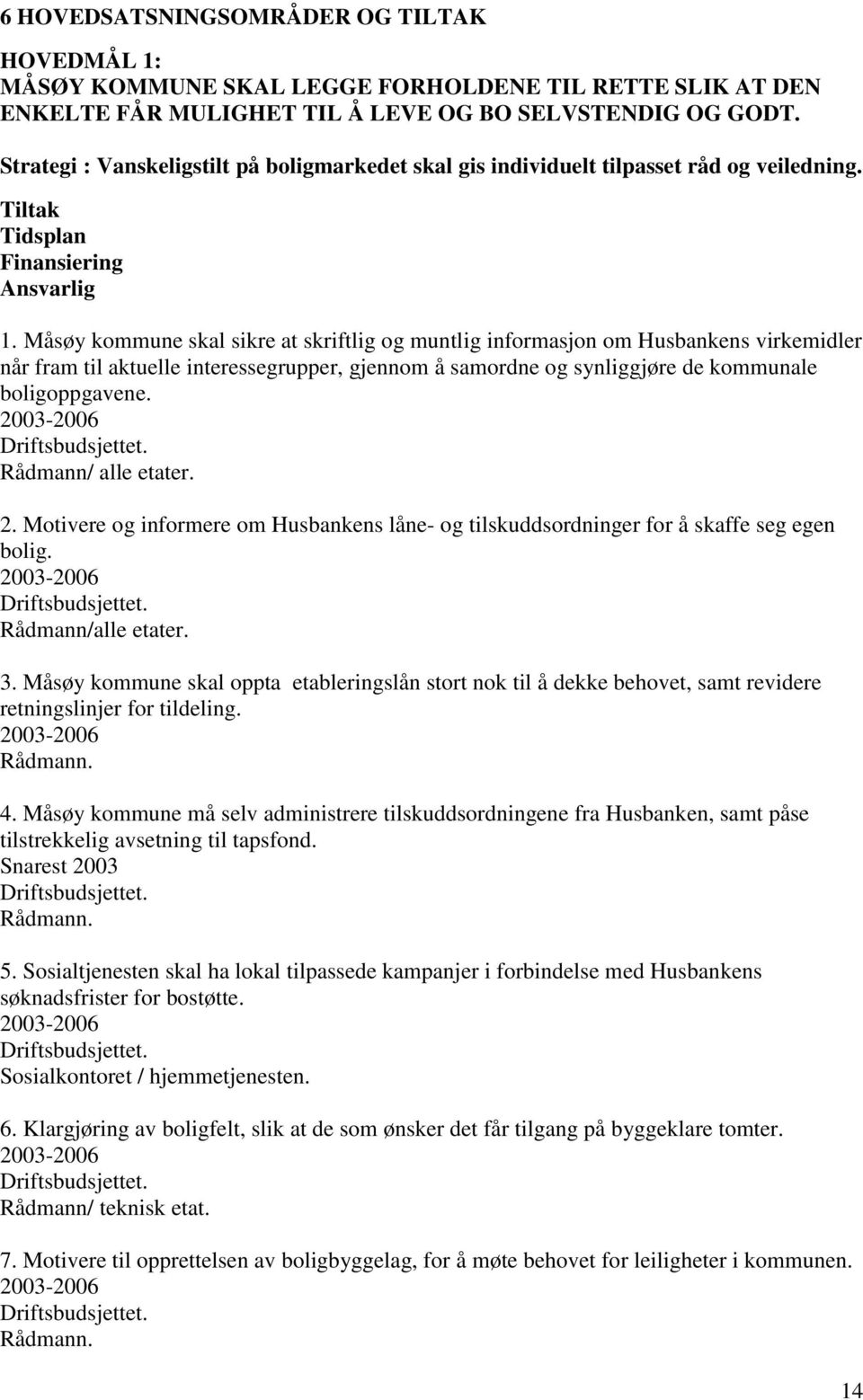 Måsøy kommune skal sikre at skriftlig og muntlig informasjon om Husbankens virkemidler når fram til aktuelle interessegrupper, gjennom å samordne og synliggjøre de kommunale boligoppgavene.