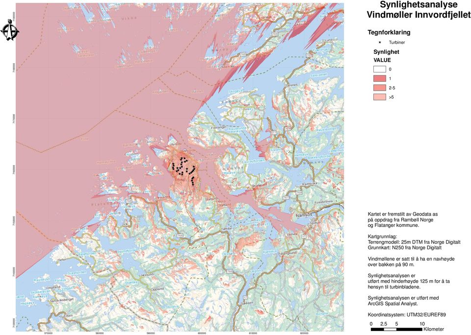 Kartgrunnlag: Terrengmodell: 25m DTM fra Norge Digitalt Grunnkart: N250 fra Norge Digitalt Vindmøllene er satt til å ha en navhøyde over bakken på 90 m.