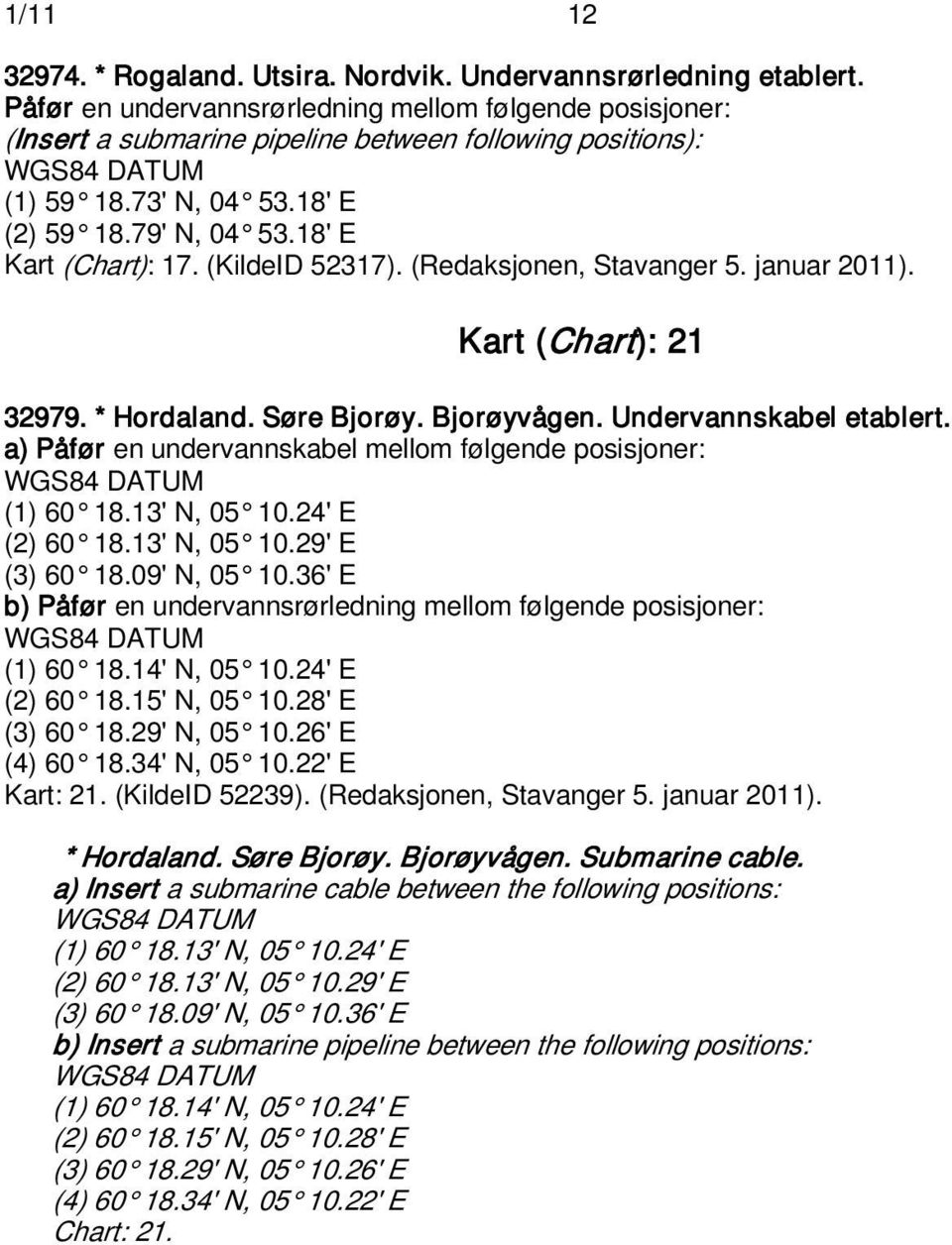 (KildeID 52317). (Redaksjonen, Stavanger 5. januar 2011). Kart (Chart): 21 32979. * Hordaland. Søre Bjorøy. Bjorøyvågen. Undervannskabel etablert.