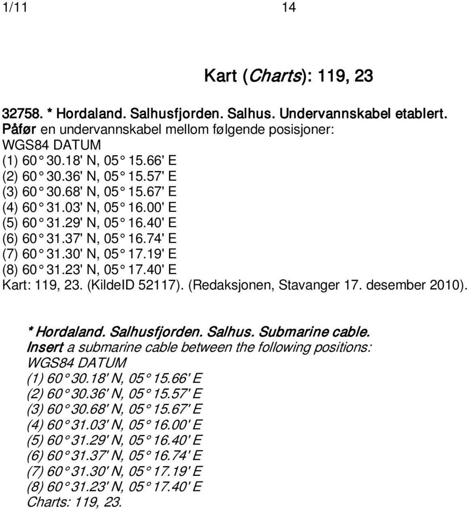 40' E Kart: 119, 23. (KildeID 52117). (Redaksjonen, Stavanger 17. desember 2010). * Hordaland. Salhusfjorden. Salhus. Submarine cable.
