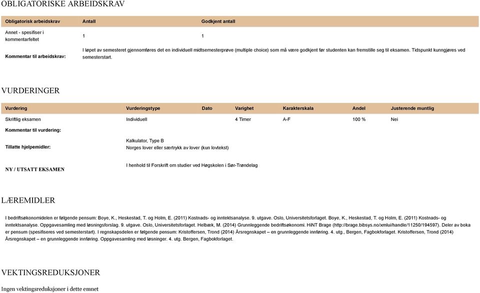 VURDERINGER Vurdering Vurderingstype Dato Varighet Karakterskala Andel Justerende muntlig Skriftlig eksamen Individuell 4 Timer A-F 100 % Nei Kommentar til vurdering: Tillatte hjelpemidler: