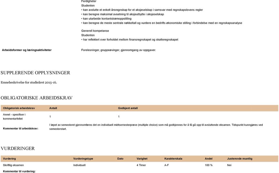 mellom finansregnskapet og skatteregnskapet Arbeidsformer og læringsaktiviteter Forelesninger, gruppeøvinger, gjennomgang av oppgaver. SUPPLERENDE OPPLYSNINGER Emnebeskrivelse for studieåret 2015-16.