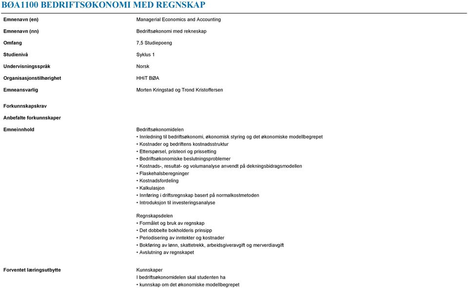 økonomisk styring og det økonomiske modellbegrepet Kostnader og bedriftens kostnadsstruktur Etterspørsel, pristeori og prissetting Bedriftsøkonomiske beslutningsproblemer Kostnads-, resultat- og