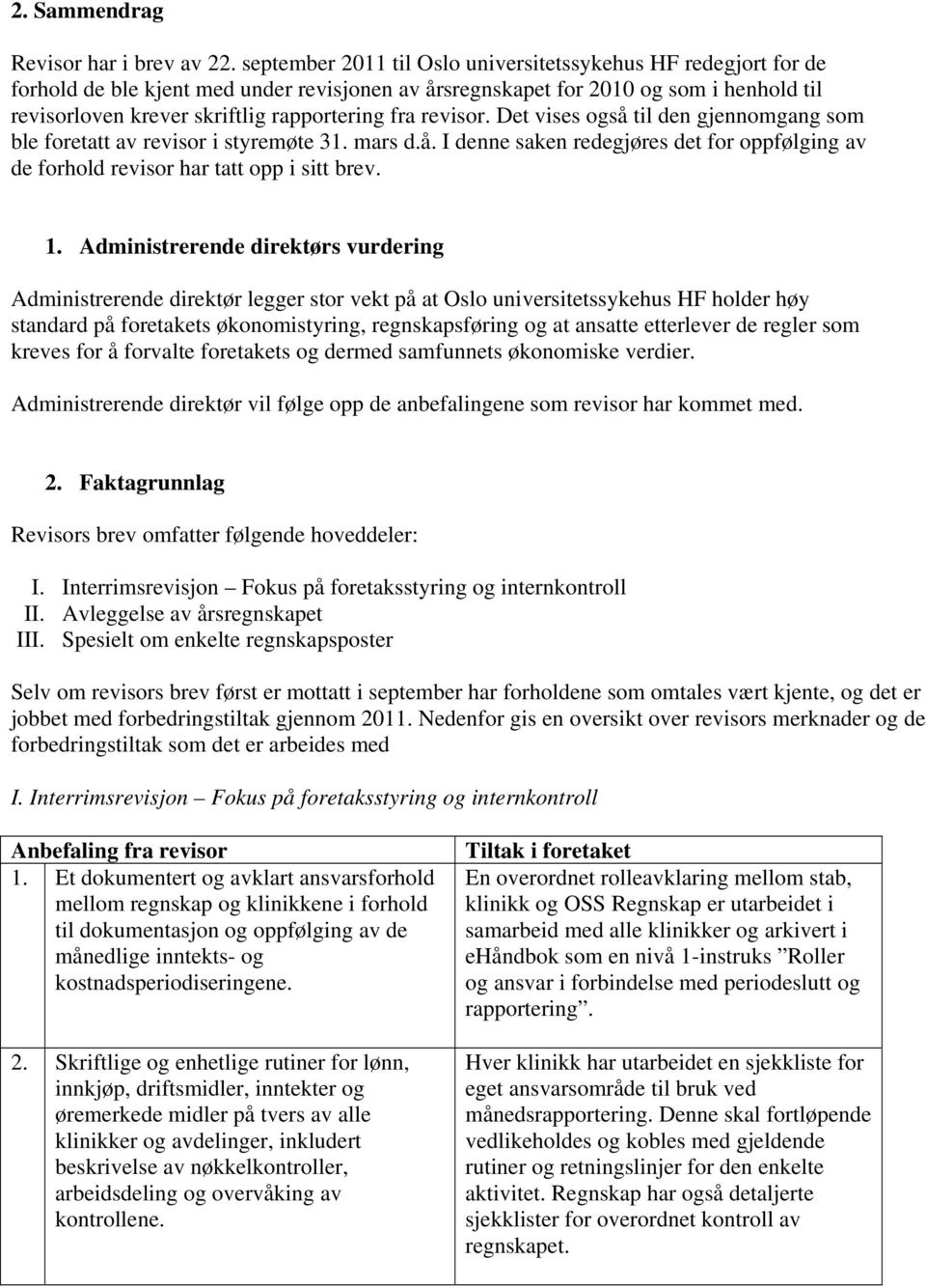 revisor. Det vises også til den gjennomgang som ble foretatt av revisor i styremøte 31. mars d.å. I denne saken redegjøres det for oppfølging av de forhold revisor har tatt opp i sitt brev. 1.