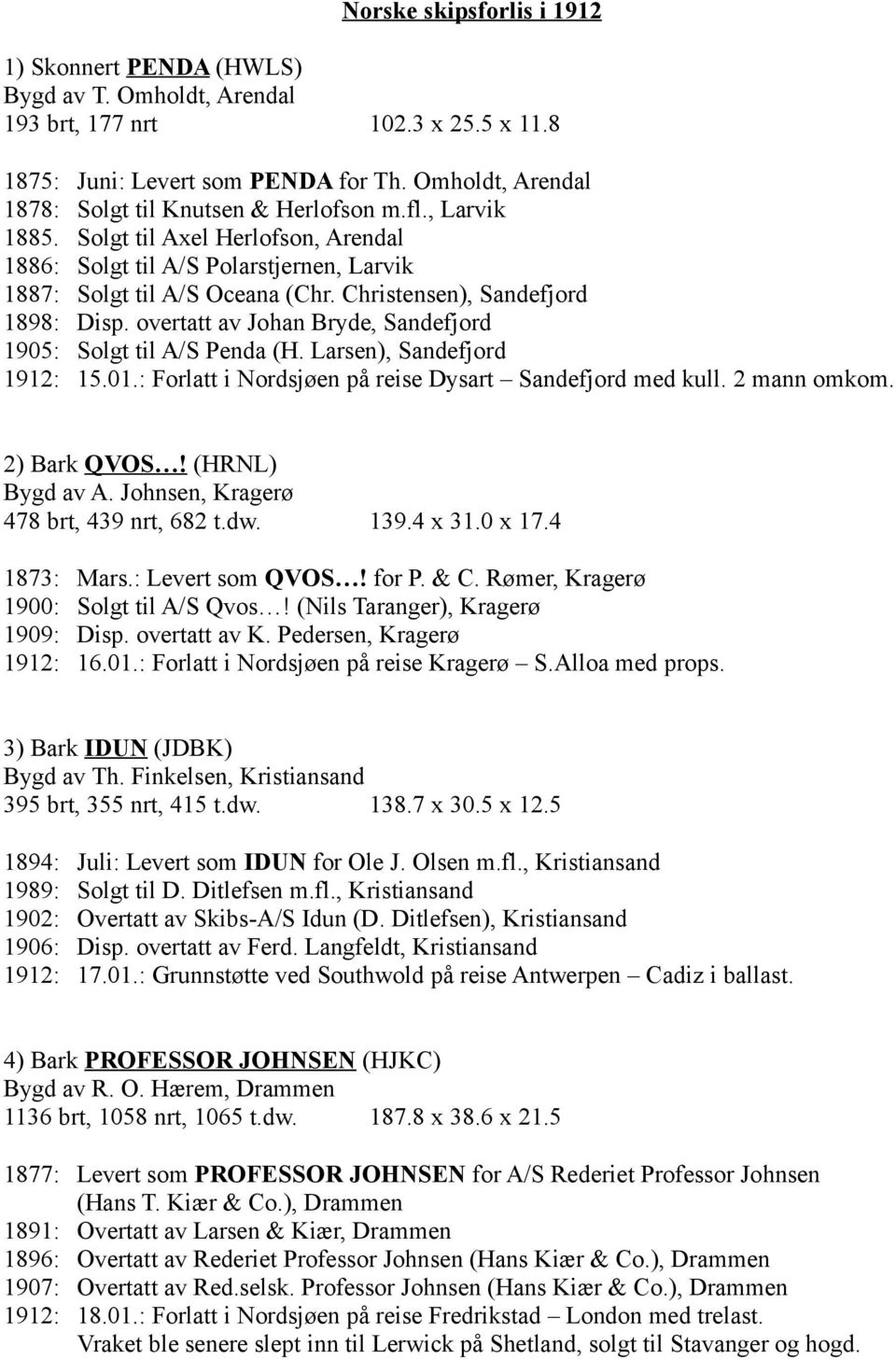 Christensen), Sandefjord 1898: Disp. overtatt av Johan Bryde, Sandefjord 1905: Solgt til A/S Penda (H. Larsen), Sandefjord 1912: 15.01.: Forlatt i Nordsjøen på reise Dysart Sandefjord med kull.