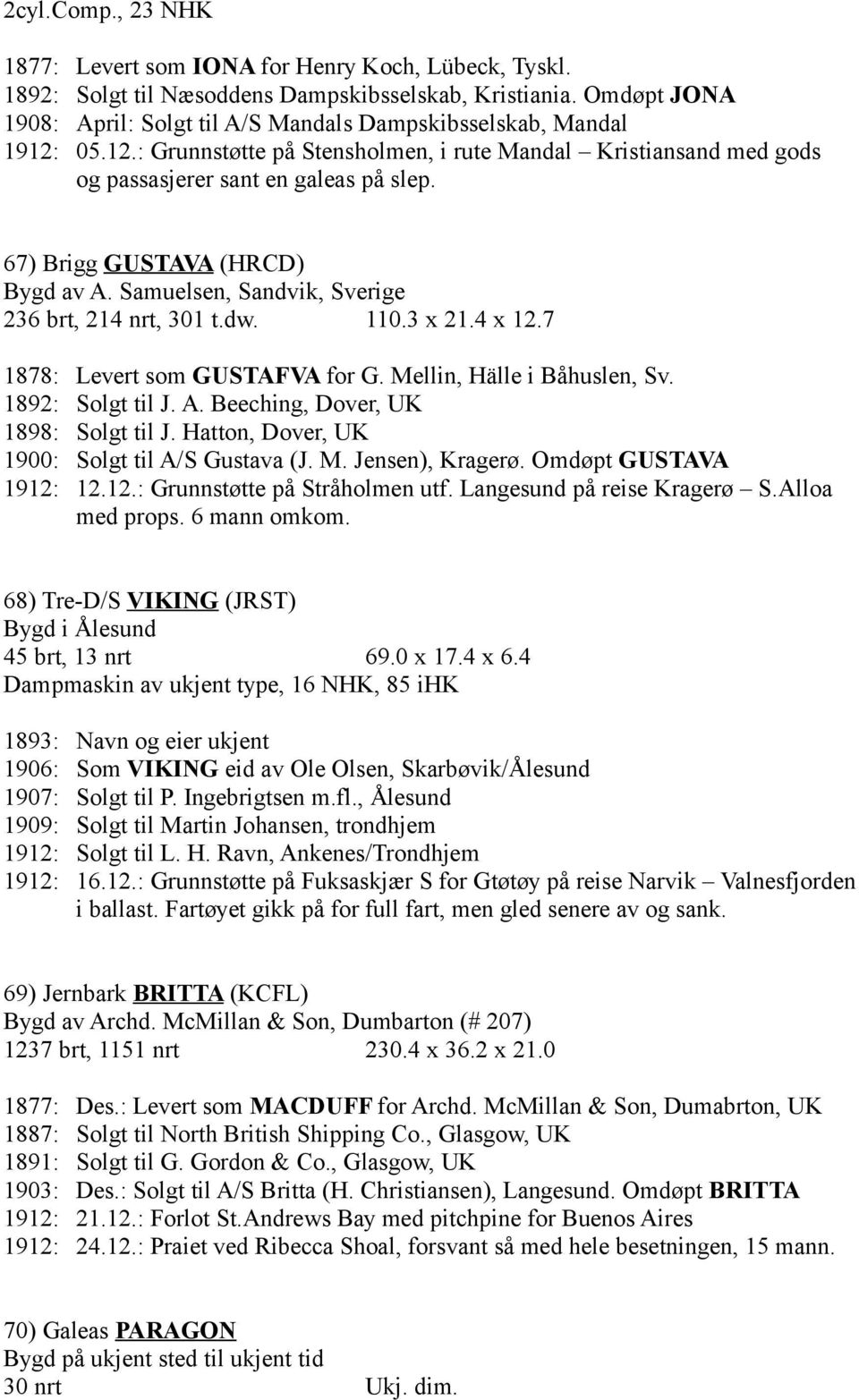 67) Brigg GUSTAVA (HRCD) Bygd av A. Samuelsen, Sandvik, Sverige 236 brt, 214 nrt, 301 t.dw. 110.3 x 21.4 x 12.7 1878: Levert som GUSTAFVA for G. Mellin, Hälle i Båhuslen, Sv. 1892: Solgt til J. A. Beeching, Dover, UK 1898: Solgt til J.