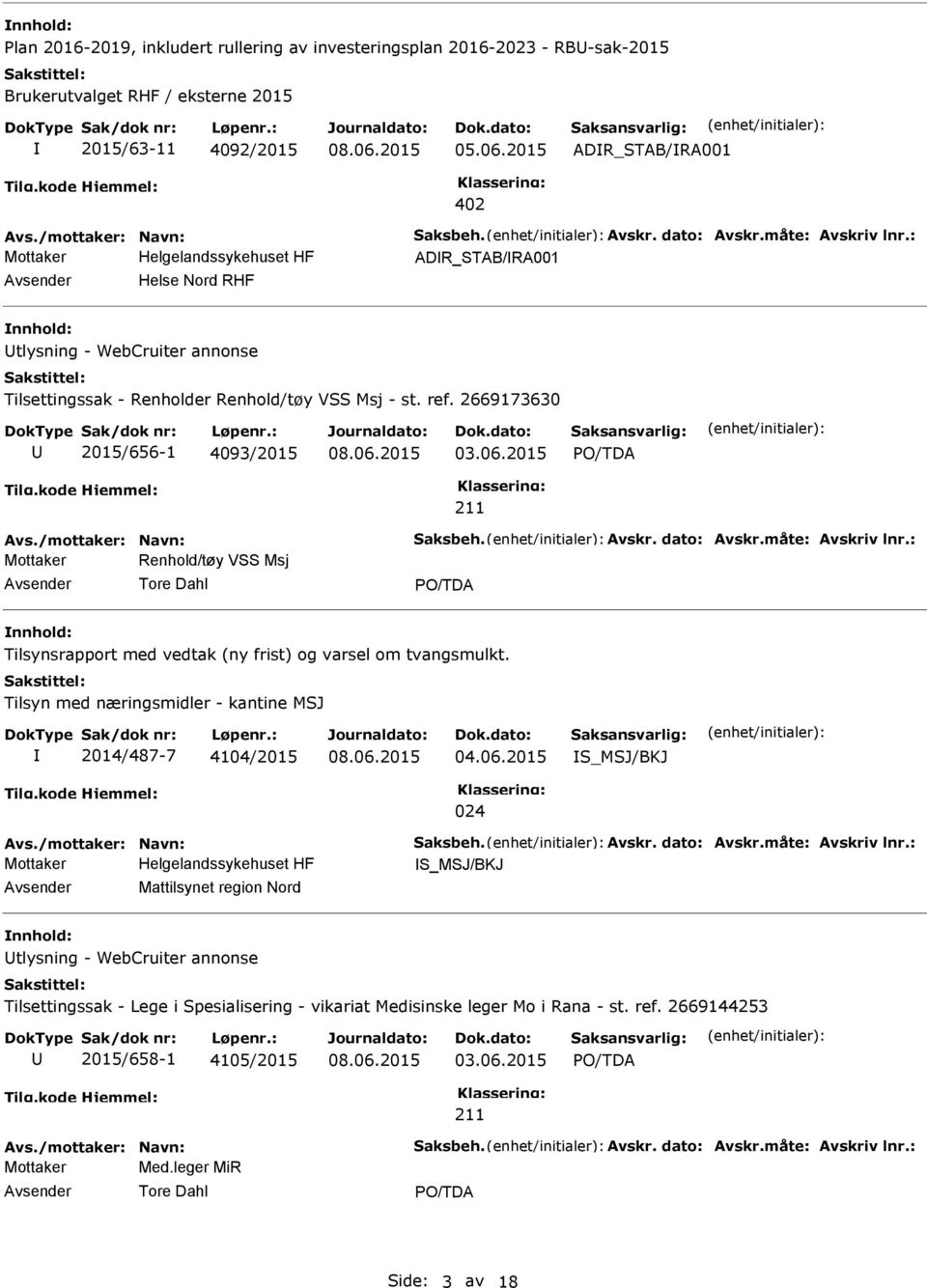 2015 211 Mottaker Renhold/tøy VSS Msj Tore Dahl Tilsynsrapport med vedtak (ny frist) og varsel om tvangsmulkt. Tilsyn med næringsmidler - kantine MSJ 2014/487-7 4104/2015 04.06.