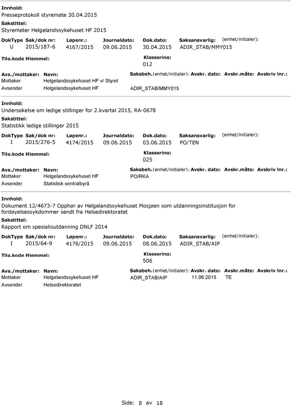 8 Statistikk ledige stillinger 2015 2015/276-5 4174/2015 03.06.