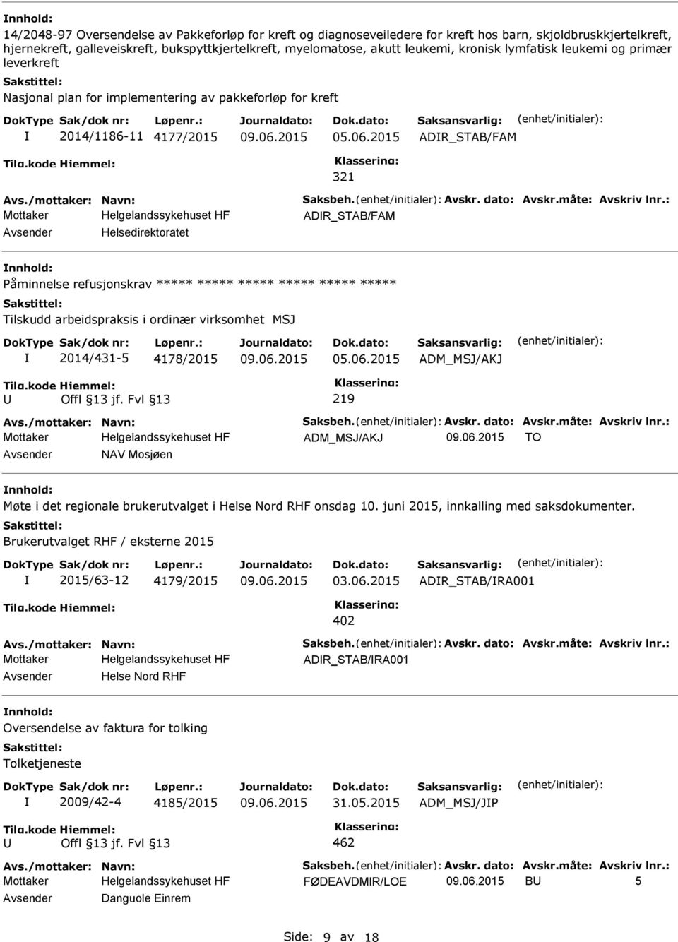 2015 ADR_STAB/FAM 321 ADR_STAB/FAM Helsedirektoratet Påminnelse refusjonskrav ***** ***** ***** ***** ***** ***** Tilskudd arbeidspraksis i ordinær virksomhet MSJ 2014/431-5 4178/2015 05.06.