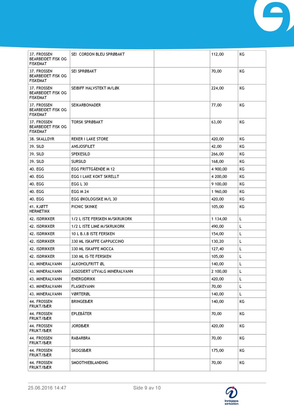 EGG EGG M 24 1 960,00 KG 40. EGG EGG ØKOLOGISKE M/L 30 420,00 KG 41. KJØTT HERMETIKK PICNIC SKINKE 105,00 KG 42. ISDRIKKER 1/2 L ISTE FERSKEN M/SKRUKORK 1 134,00 L 42.