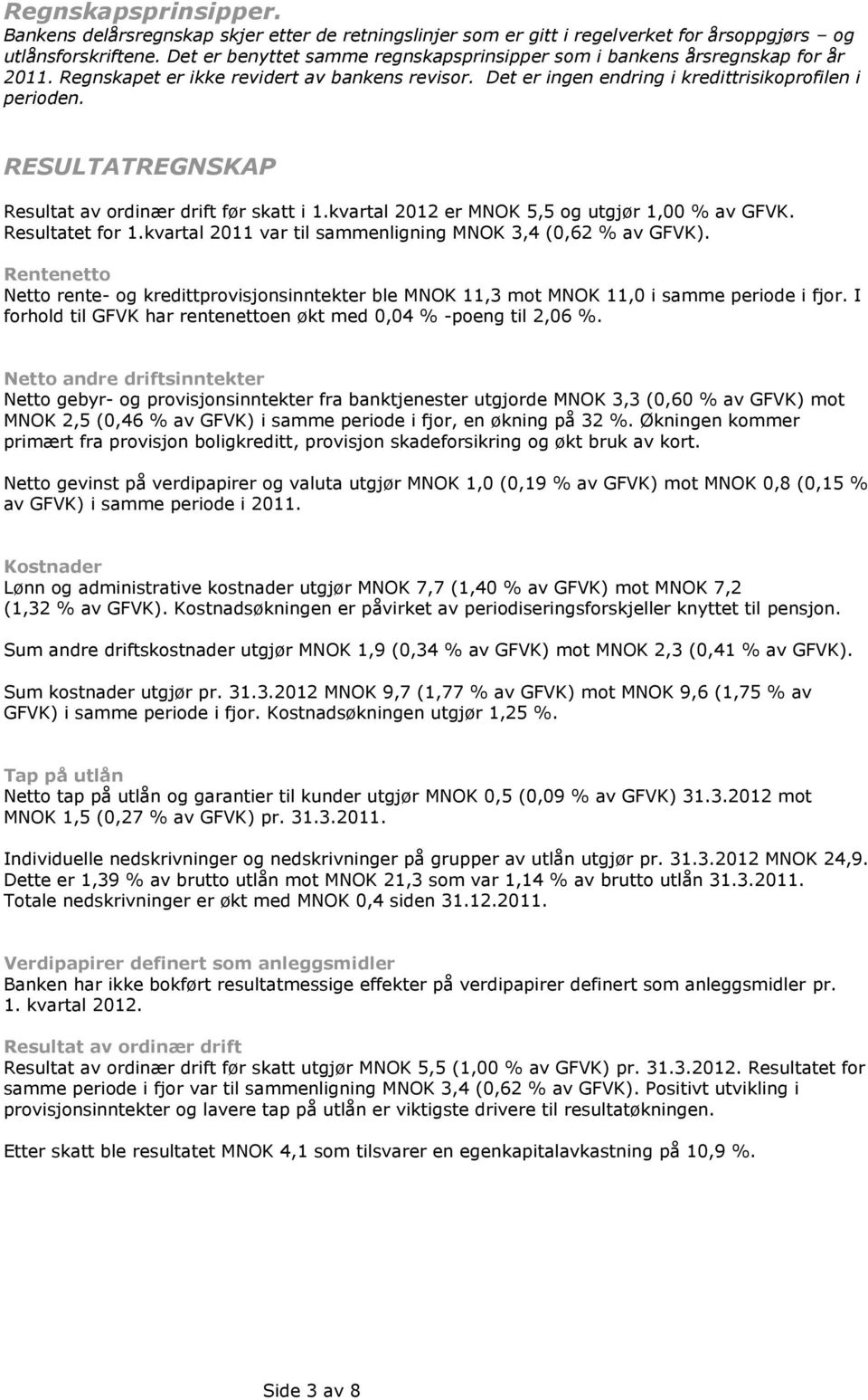 RESULTATREGNSKAP Resultat av ordinær drift før skatt i 1.kvartal 2012 er MNOK 5,5 og utgjør 1,00 % av GFVK. Resultatet for 1.kvartal 2011 var til sammenligning MNOK 3,4 (0,62 % av GFVK).