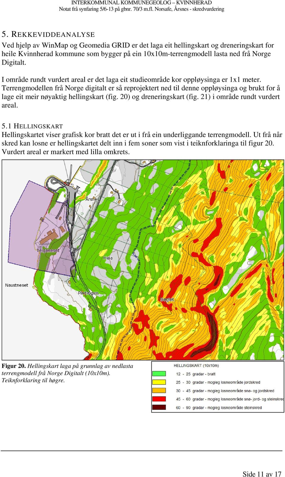 Terrengmodellen frå Norge digitalt er så reprojektert ned til denne oppløysinga og brukt for å lage eit meir nøyaktig hellingskart (fig. 20) og dreneringskart (fig. 21) i område rundt vurdert areal.