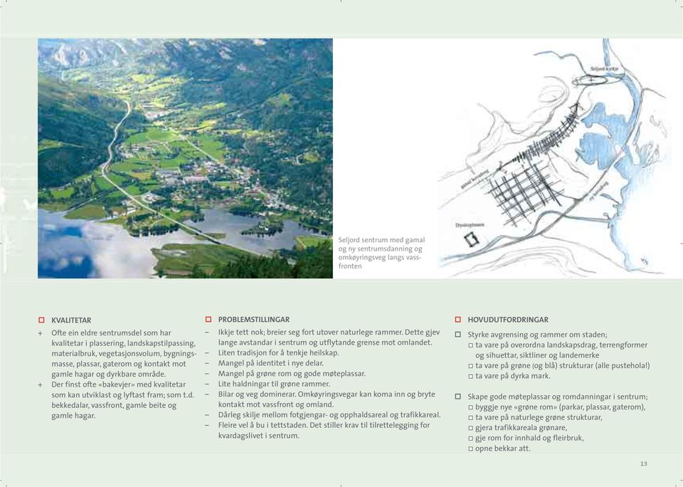 PROBLEMSTILLINGAR Ikkje tett nok; breier seg fort utover naturlege rammer. Dette gjev lange avstandar i sentrum og utflytande grense mot omlandet. Liten tradisjon for å tenkje heilskap.