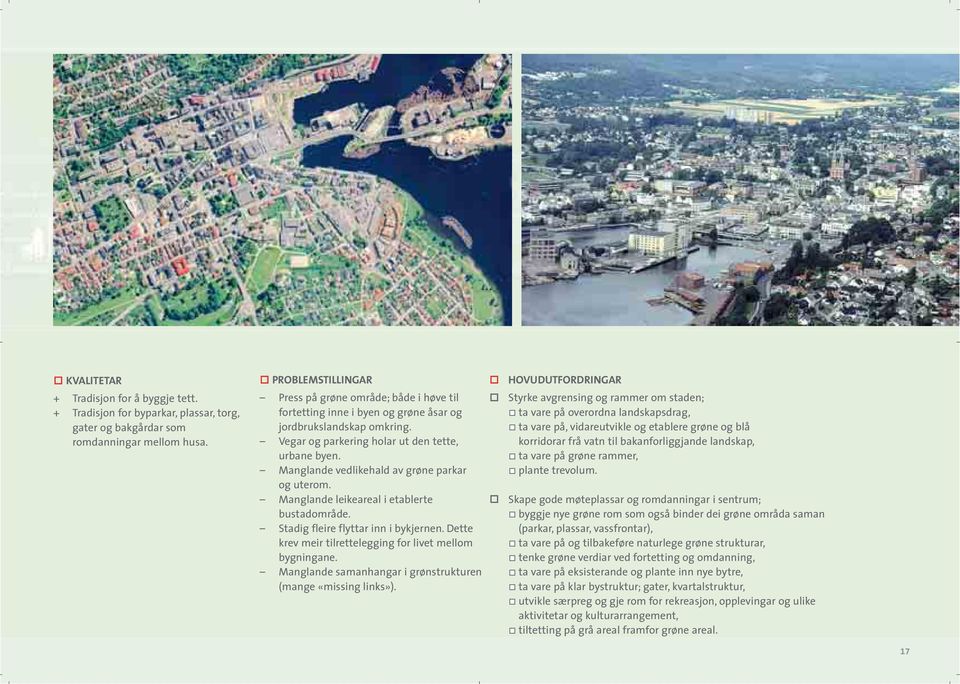 Manglande vedlikehald av grøne parkar og uterom. Manglande leikeareal i etablerte bustadområde. Stadig fleire flyttar inn i bykjernen. Dette krev meir tilrettelegging for livet mellom bygningane.