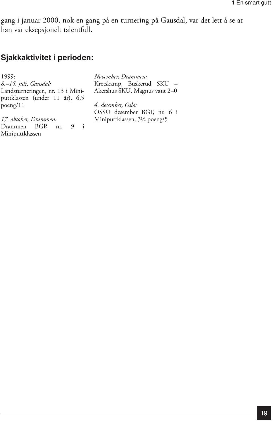 13 i Miniputtklassen (under 11 år), 6,5 poeng/11 17. oktober, Drammen: Drammen BGP, nr.