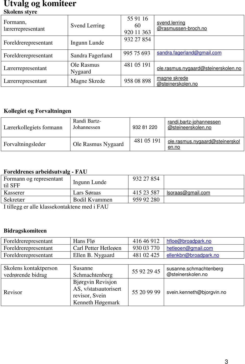 nygaard magne skrede Kollegiet og Forvaltningen Lærerkollegiets formann Randi Bartz- Johannessen 932 81 220 randi.bartz-johannessen @steineerskolen.