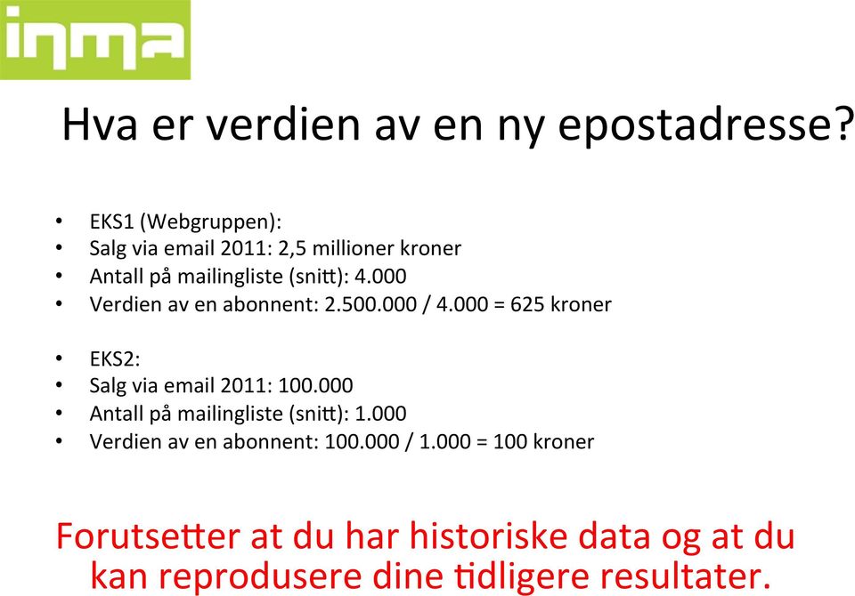 000 Verdien av en abonnent: 2.500.000 / 4.000 = 625 kroner EKS2: Salg via email 2011: 100.