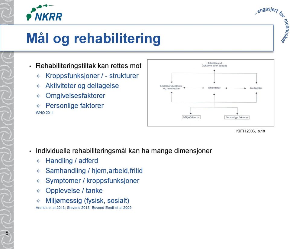 18 Individuelle rehabiliteringsmål kan ha mange dimensjoner Handling / adferd Samhandling /