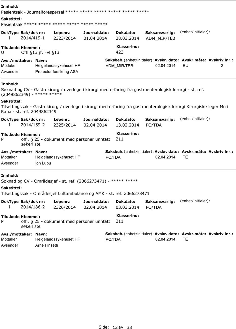 (2049862349) - ***** ***** Tilsettingssak - Gastrokirurg / overlege i kirurgi med erfaring fra gastroenterologisk kirurgi Kirurgiske leger Mo i Rana - st. ref. 2049862349 2014/159-2 2325/2014 13.02.