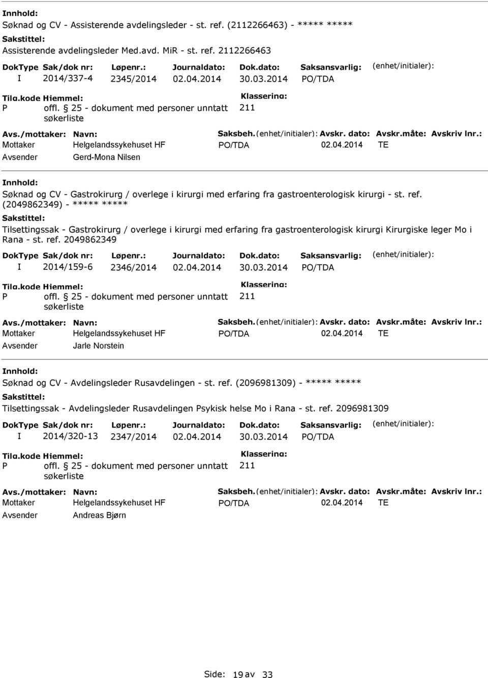 (2049862349) - ***** ***** Tilsettingssak - Gastrokirurg / overlege i kirurgi med erfaring fra gastroenterologisk kirurgi Kirurgiske leger Mo i Rana - st. ref. 2049862349 2014/159-6 2346/2014 30.03.