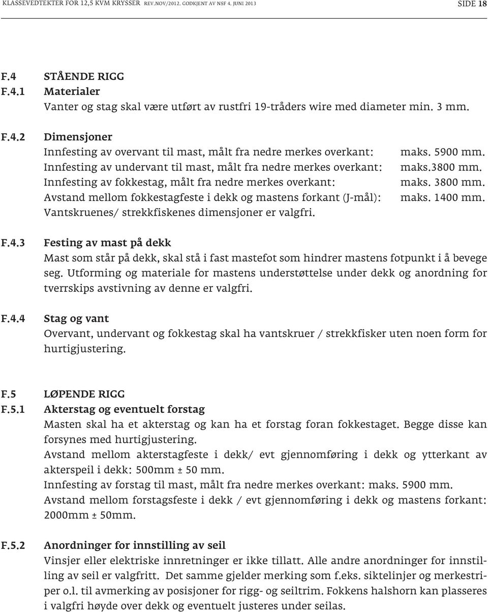 2 Dimensjoner Innfesting av overvant til mast, målt fra nedre merkes overkant: Innfesting av undervant til mast, målt fra nedre merkes overkant: Innfesting av fokkestag, målt fra nedre merkes