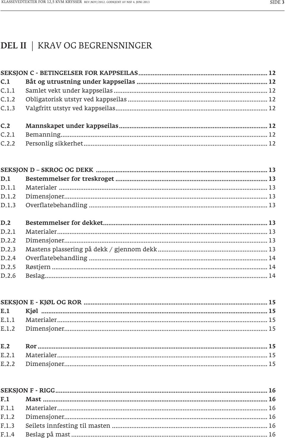 .. 12 SEKSJON D SKROG OG DEKK... 13 D.1 Bestemmelser for treskroget... 13 D.1.1 Materialer... 13 D.1.2 Dimensjoner... 13 D.1.3 Overflatebehandling... 13 D.2 Bestemmelser for dekket... 13 D.2.1 Materialer... 13 D.2.2 Dimensjoner... 13 D.2.3 Mastens plassering på dekk / gjennom dekk.