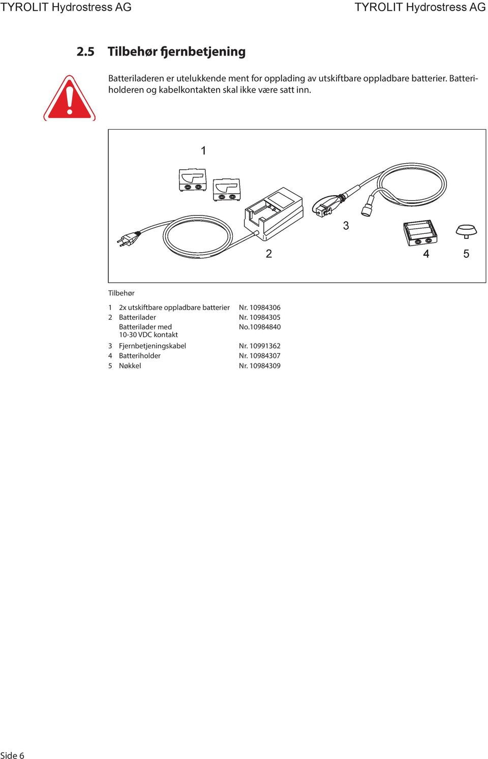 Tilbehør 1 2x utskiftbare oppladbare batterier Nr. 10984306 2 Batterilader Nr.