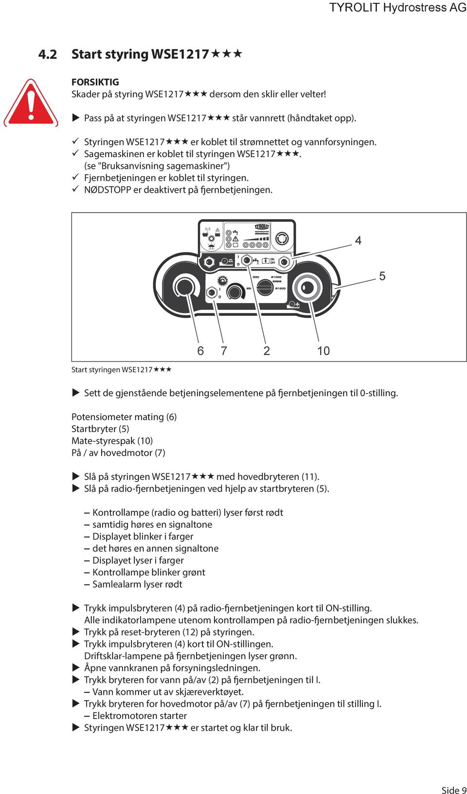 99 NØDSTOPP er deaktivert på fjernbetjeningen. Start styringen WSE1217 Sett de gjenstående betjeningselementene på fjernbetjeningen til 0-stilling.