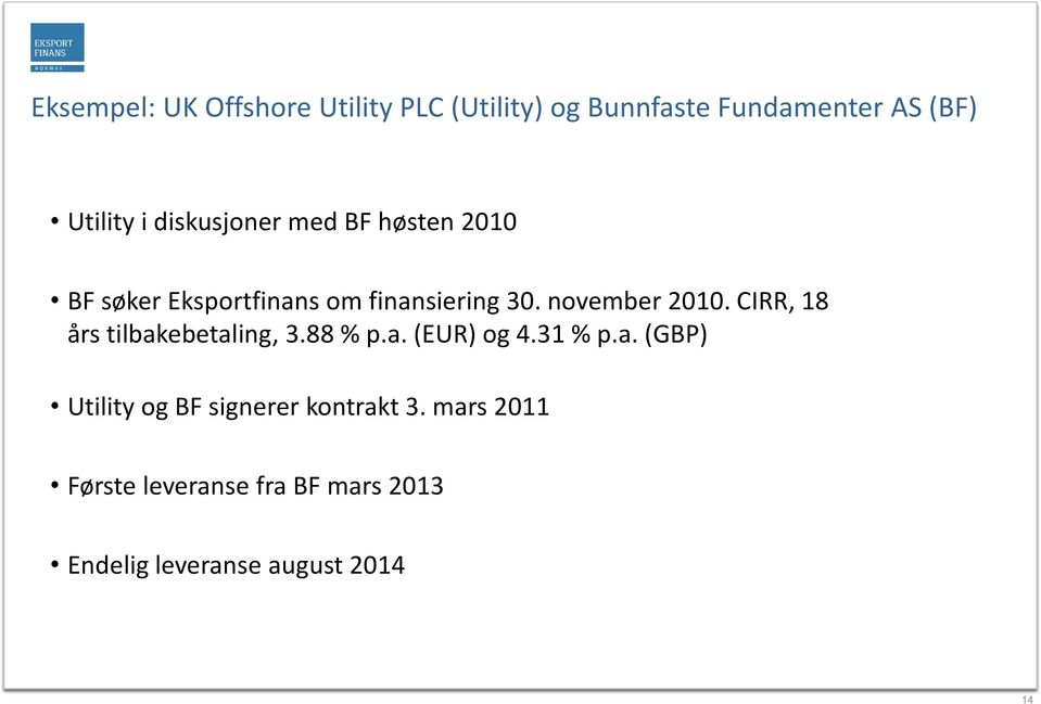 CIRR, 18 års tilbakebetaling, 3.88 % p.a. (EUR) og 4.31 % p.a. (GBP) Utility og BF signerer kontrakt 3.