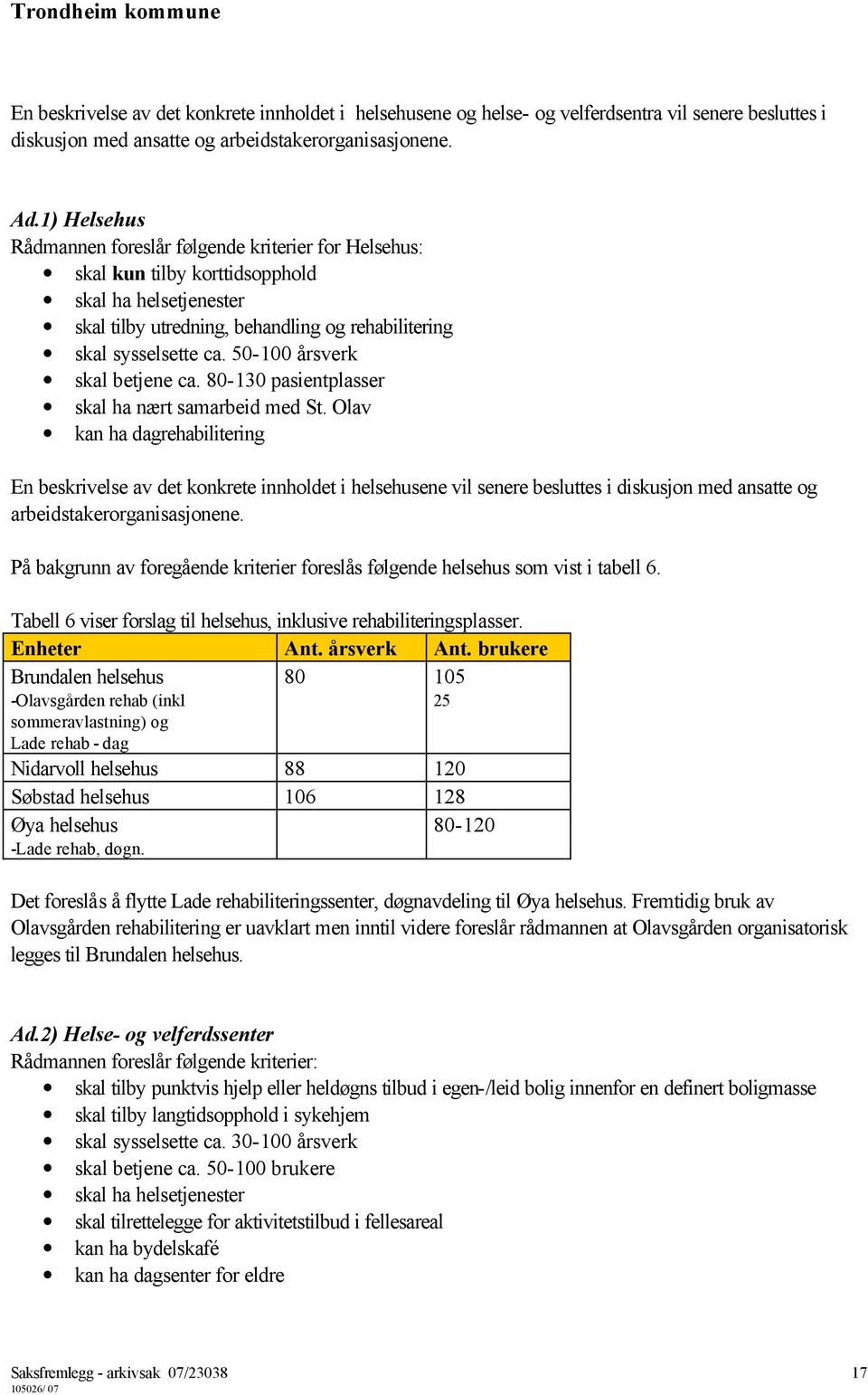 0-100 årsverk skal betjene ca. 80-130 pasientplasser skal ha nært samarbeid med St.