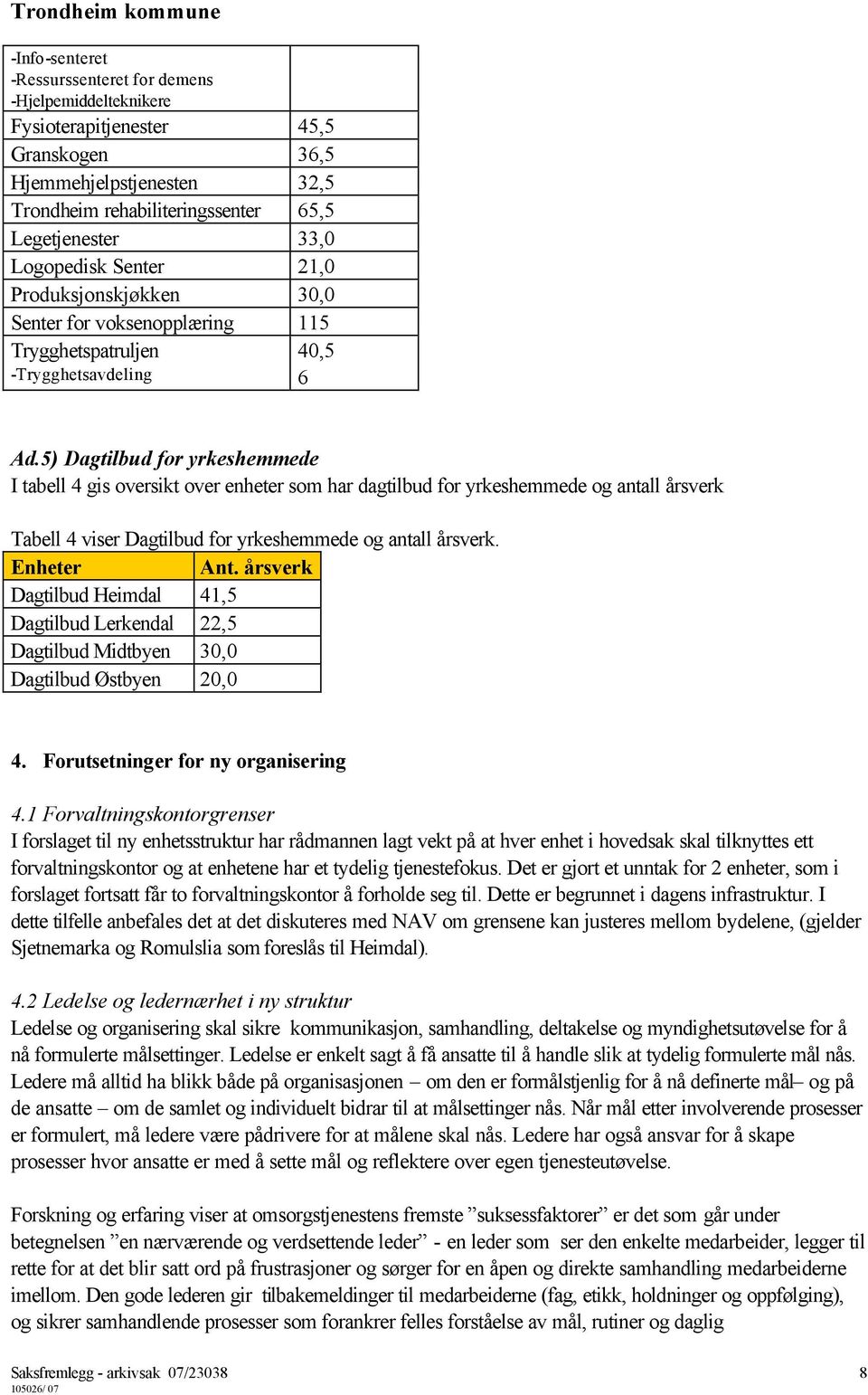 ) Dagtilbud for yrkeshemmede I tabell gis oversikt over enheter som har dagtilbud for yrkeshemmede og antall årsverk Tabell viser Dagtilbud for yrkeshemmede og antall årsverk. Enheter Ant.