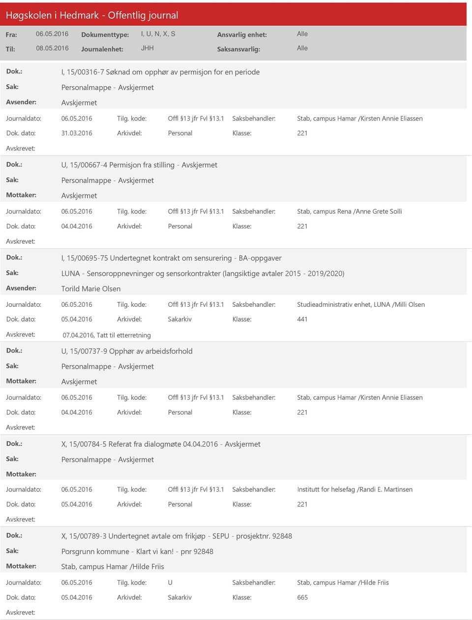 Studieadministrativ enhet, LNA /Milli Olsen 441 07.04.2016, Tatt til etterretning, 15/00737-9 Opphør av arbeidsforhold Dok. dato: 04.04.2016 Arkivdel: Personal X, 15/00784-5 Referat fra dialogmøte 04.