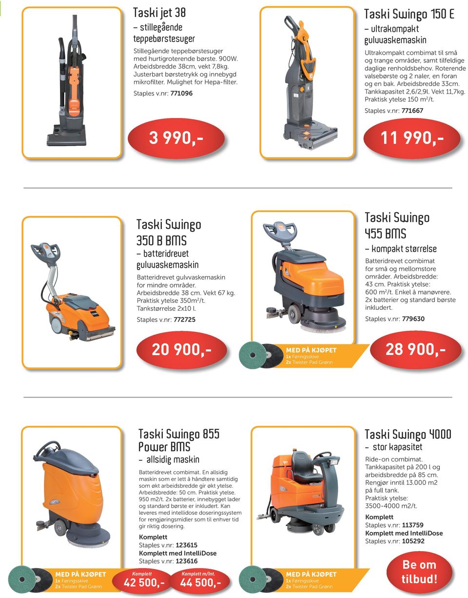 Roterende valsebørste og naler, en foran og en bak. Arbeidsbredde 33cm. Tankkapasitet,6/,9l. Vekt,7kg. Praktisk ytelse 50 m /t. Staples v.