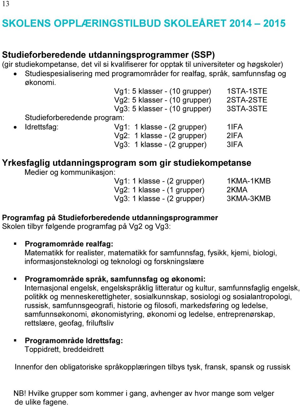 Vg1: 5 klasser - (10 grupper) 1STA-1STE Vg2: 5 klasser - (10 grupper) 2STA-2STE Vg3: 5 klasser - (10 grupper) 3STA-3STE Studieforberedende program: Idrettsfag: Vg1: 1 klasse - (2 grupper) 1IFA Vg2: 1