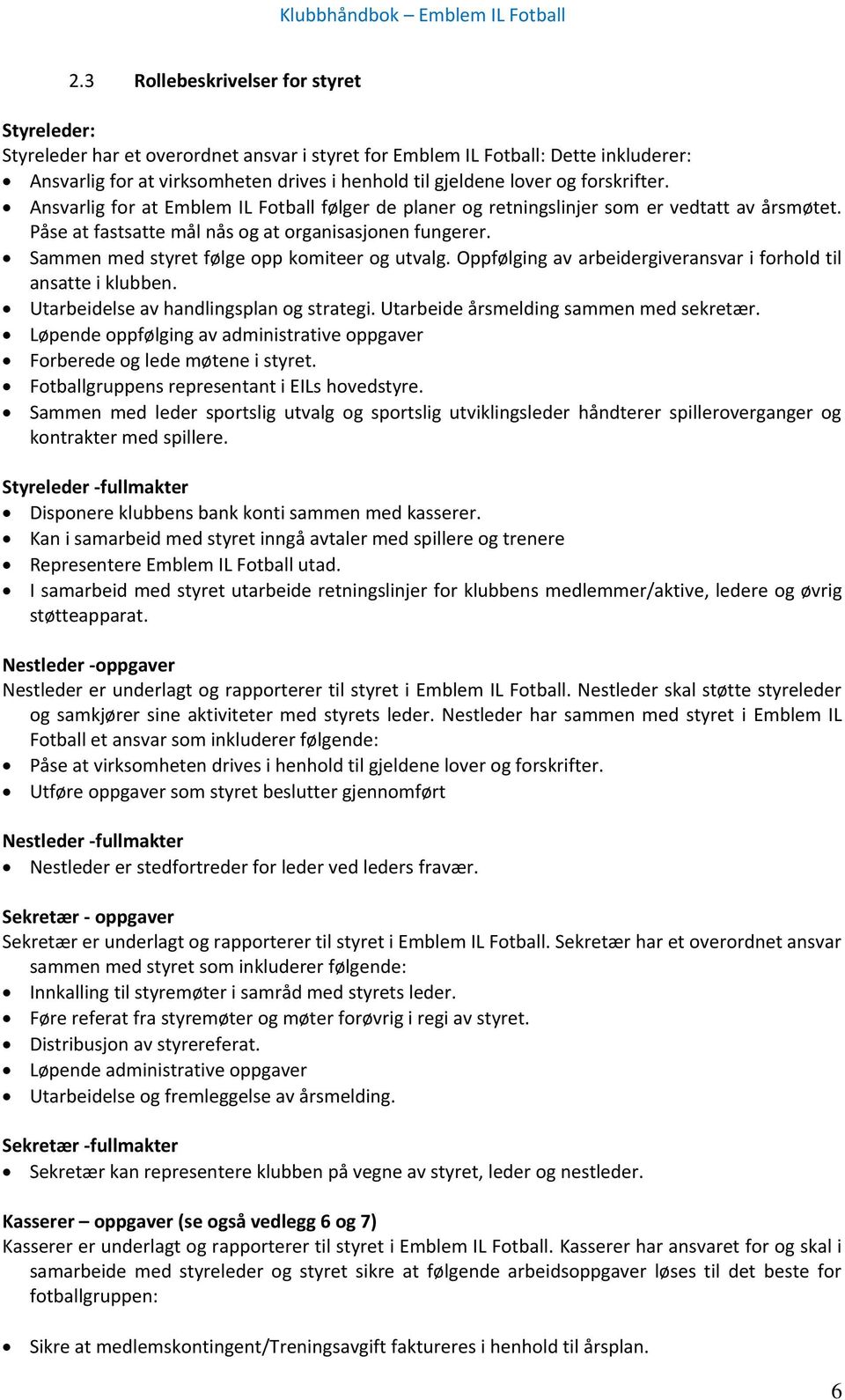 Sammen med styret følge opp komiteer og utvalg. Oppfølging av arbeidergiveransvar i forhold til ansatte i klubben. Utarbeidelse av handlingsplan og strategi. Utarbeide årsmelding sammen med sekretær.