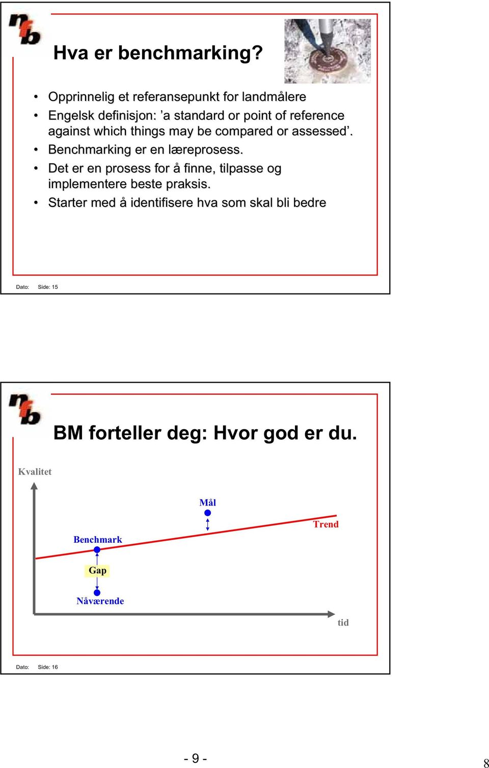 against which things may be compared or assessed. Benchmarking er en læreprosess.
