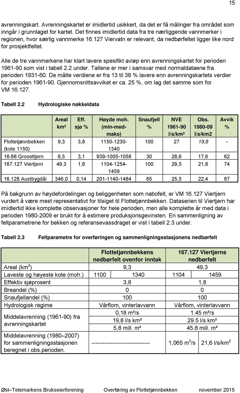 Alle de tre vannmerkene har klart lavere spesifikt avløp enn avrenningskartet for perioden 1961-90 som vist i tabell 2.2 under. Tallene er mer i samsvar med normaldataene fra perioden 1931-60.