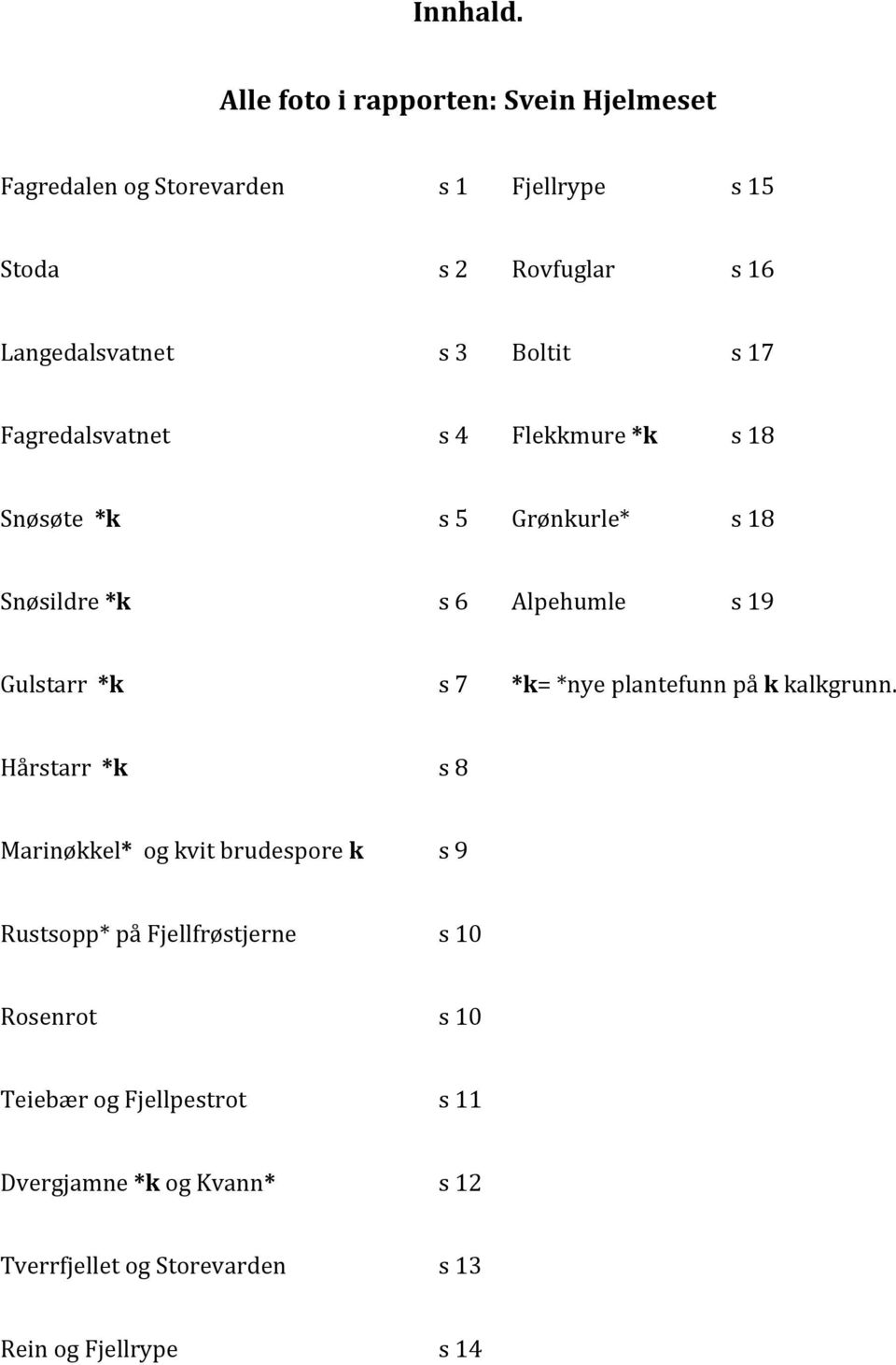 Boltit s 17 Fagredalsvatnet s 4 Flekkmure *k s 18 Snøsøte *k s 5 Grønkurle* s 18 Snøsildre *k s 6 Alpehumle s 19 Gulstarr *k s 7