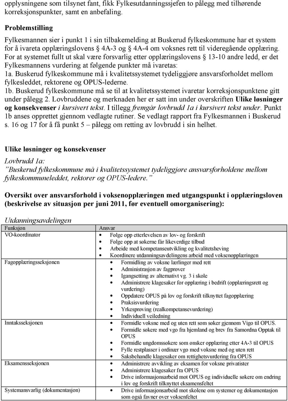 For at systemet fullt ut skal være forsvarlig etter opplæringslovens 13-10 andre ledd, er det Fylkesmannens vurdering at følgende punkter må ivaretas: 1a.