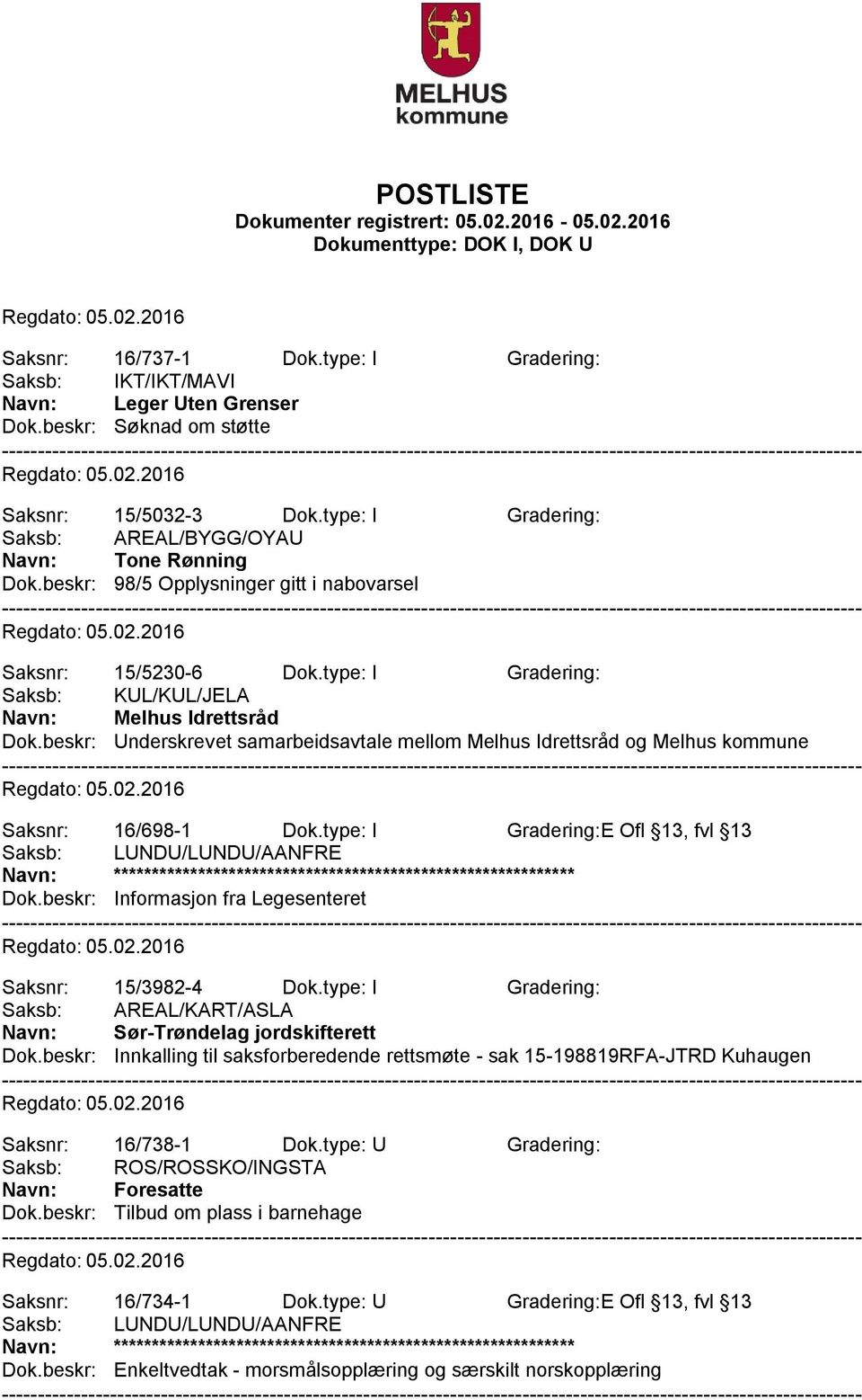 beskr: Underskrevet samarbeidsavtale mellom Melhus Idrettsråd og Melhus kommune Saksnr: 16/698-1 Dok.type: I Gradering:E Ofl 13, fvl 13 Dok.beskr: Informasjon fra Legesenteret Saksnr: 15/3982-4 Dok.