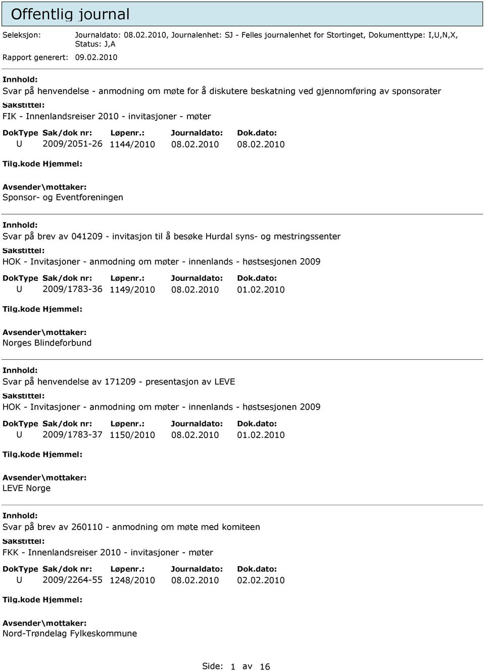 Eventforeningen Svar på brev av 041209 - invitasjon til å besøke Hurdal syns- og mestringssenter HOK - nvitasjoner - anmodning om møter - innenlands - høstsesjonen 2009 2009/1783-36 1149/2010 01.02.