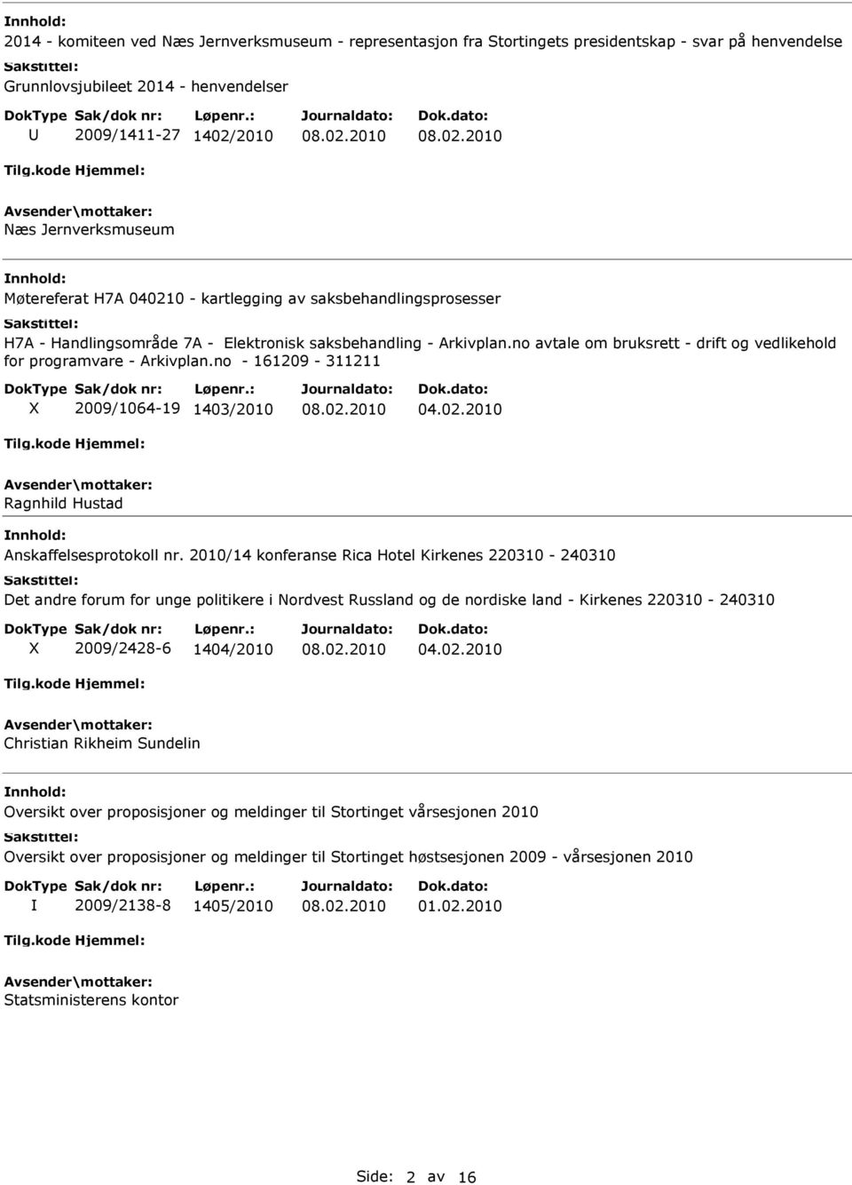 no avtale om bruksrett - drift og vedlikehold for programvare - Arkivplan.no - 161209-311211 2009/1064-19 1403/2010 04.02.2010 Ragnhild Hustad Anskaffelsesprotokoll nr.