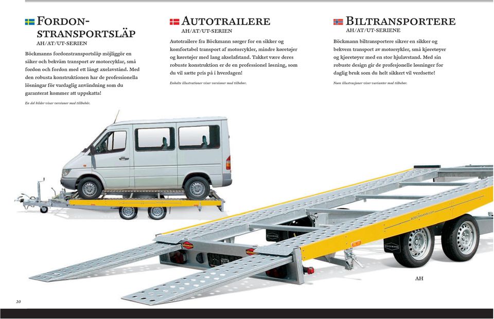 Autotrailere AH/AT/UT-SERIEN Autotrailere fra Böckmann sørger for en sikker og komfortabel transport af motorcykler, mindre køretøjer og køretøjer med lang akselafstand.