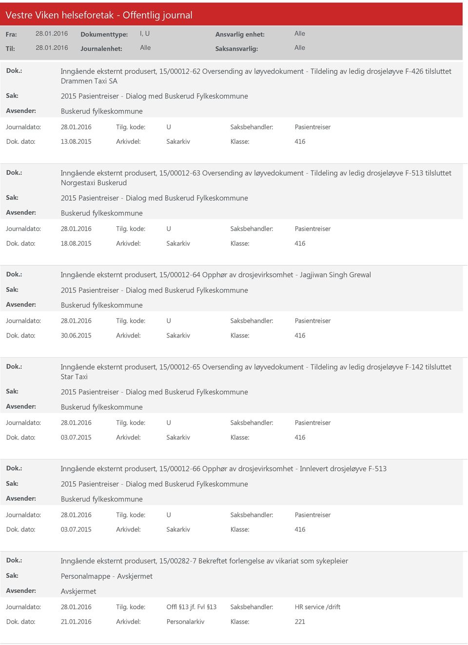 2015 Arkivdel: Sakarkiv 416 Inngående eksternt produsert, 15/00012-63 Oversending av løyvedokument - Tildeling av ledig drosjeløyve F-513 tilsluttet Norgestaxi Buskerud 2015 Pasientreiser - Dialog