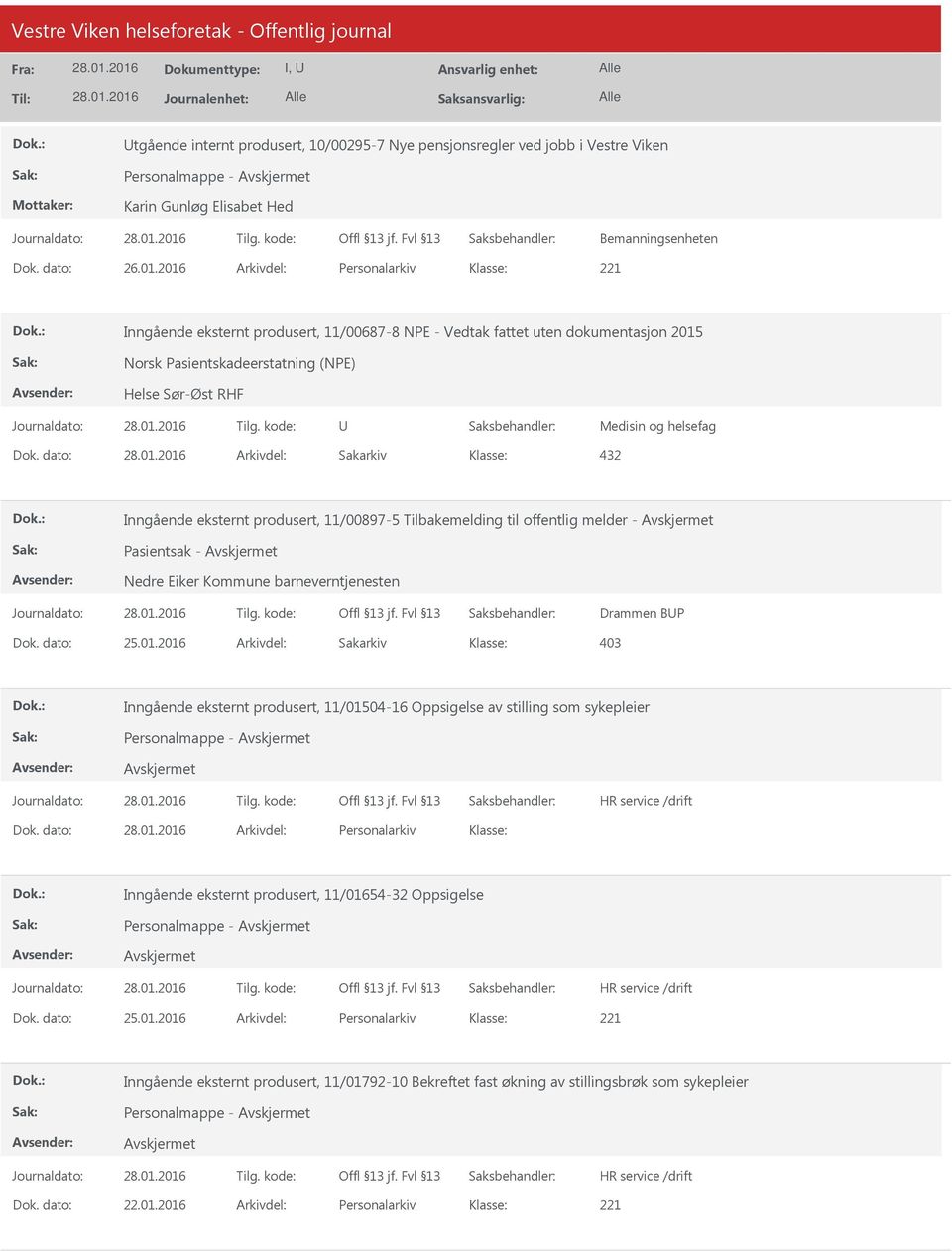 dato: Arkivdel: Sakarkiv 432 Inngående eksternt produsert, 11/00897-5 Tilbakemelding til offentlig melder - Pasientsak - Nedre Eiker Kommune barneverntjenesten Drammen BP Dok. dato: 25.01.