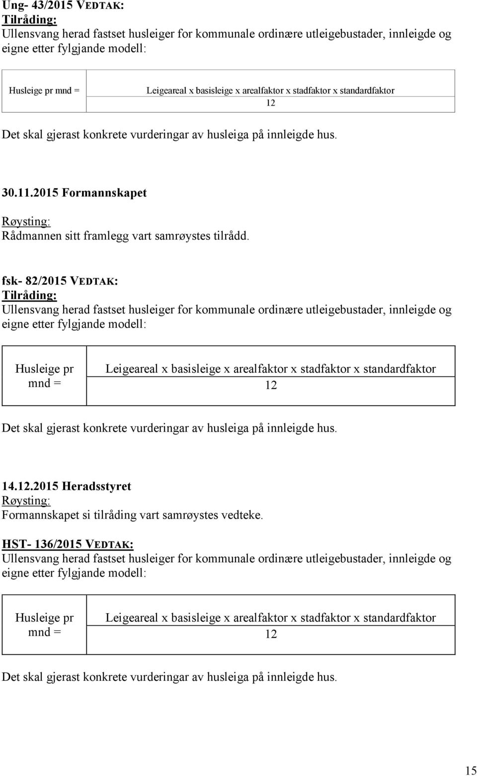 fsk- 82/2015 VEDTAK: Tilråding: Ullensvang herad fastset husleiger for kommunale ordinære utleigebustader, innleigde og eigne etter fylgjande modell: Husleige pr mnd = Leigeareal x basisleige x