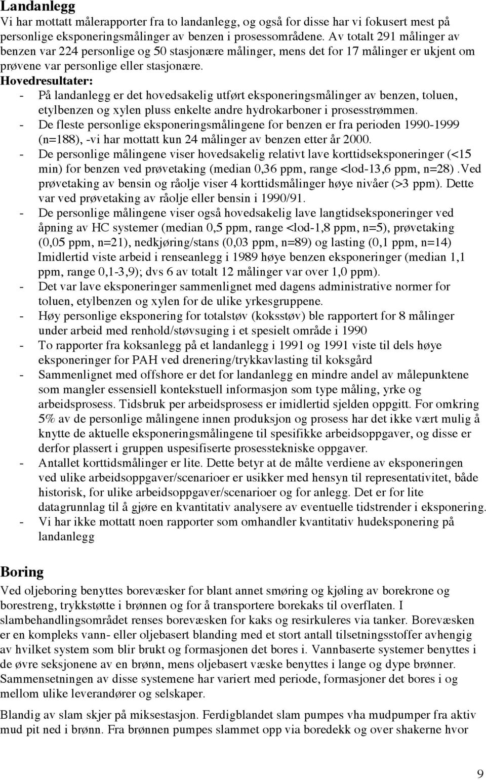 Hovedresultater: - På landanlegg er det hovedsakelig utført eksponeringsmålinger av benzen, toluen, etylbenzen og xylen pluss enkelte andre hydrokarboner i prosesstrømmen.