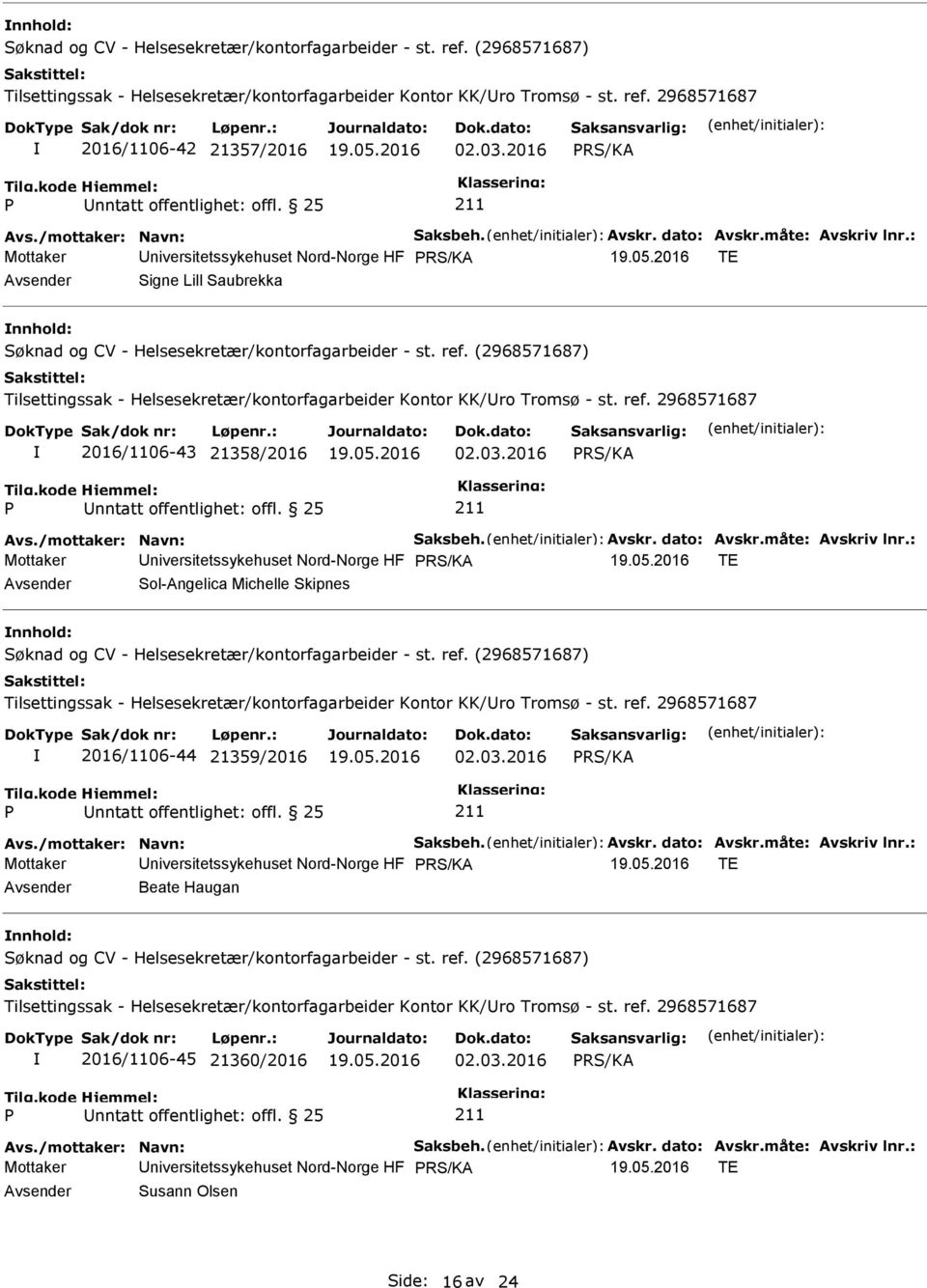 2016 Mottaker niversitetssykehuset Nord-Norge HF TE Sol-Angelica Michelle Skipnes nnhold: 2016/1106-44