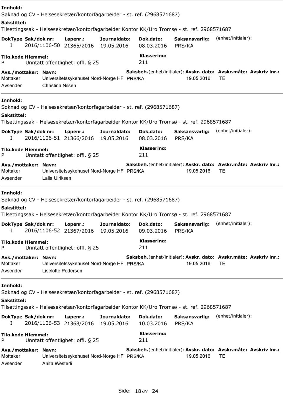 2016 Mottaker niversitetssykehuset Nord-Norge HF TE Laila lriksen nnhold: 2016/1106-52 21367/2016 09.03.