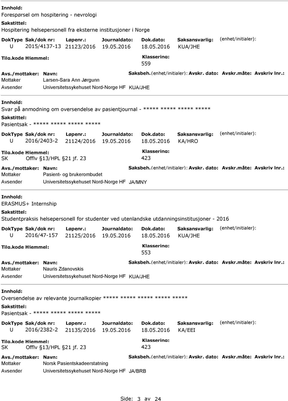 23 Mottaker asient- og brukerombudet niversitetssykehuset Nord-Norge HF JA/MNY nnhold: ERASMS+ nternship Studentpraksis helsepersonell for studenter ved utenlandske utdanningsinstitusjoner - 2016